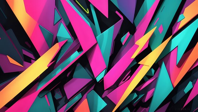 abstract piece that fuses futuristic elements with technological aesthetics, incorporating sharp angles, metallic textures, and neon hues