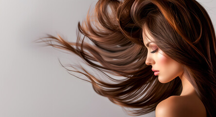 Fashion editorial Concept. Stunning natural face beautiful woman and body with brown brunette flowing hair . illuminated with dynamic composition and dramatic lighting. copy text space	
