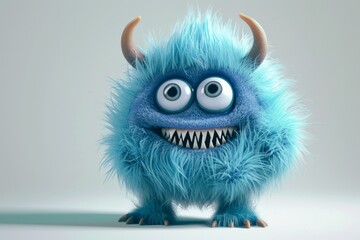Cute blue furry monster 3D cartoon character