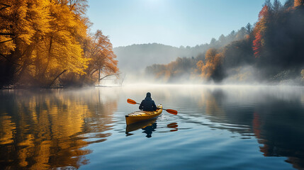 blue kayak sailing down a river on a sunny autumn day with reflected in the water - obrazy, fototapety, plakaty