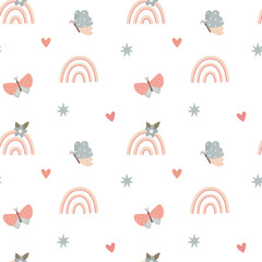 Cute seamless pattern with childish doodle rainbows and butterfly. Design for textiles, nursery
