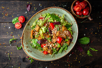 Warm salad of grilled zucchini, fresh vegetables and nuts. Menu for a restaurant. Beautiful composition on wooden boards.