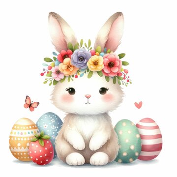 Bunny in a flower crown with Easter eggs. spring flowers cute Cartoon Illustration and white background