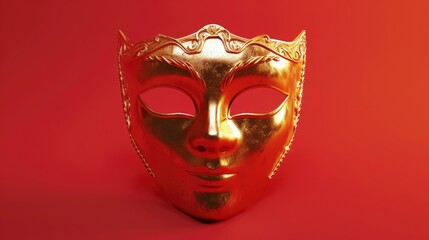 Golden Mask isolated on red background.