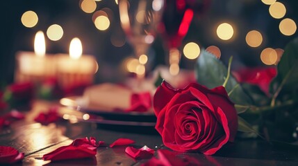 Romantic table setting for red roses and candlelight for Valentines dinner.