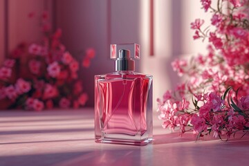 Obraz na płótnie Canvas front view, rectangular perfume bottle mockup, clean and simple, pink liquid inside, no 3 quarter view