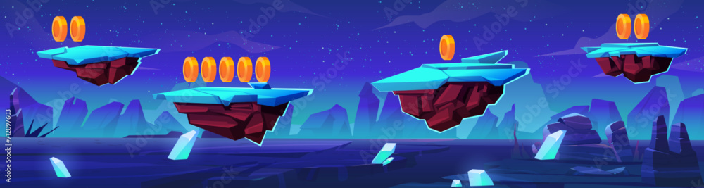 Poster game level route with coins to collect on floating land islands on background with alien planet surf
