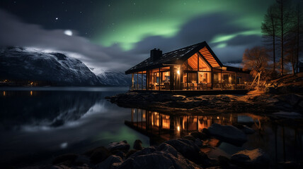 Fototapeta premium Norwegian Fjords Wooden Lodge A cozy lodge built with timber