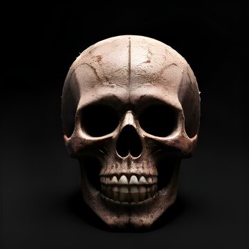 A jawless skull on a black background with fresh blood dripping down its bone surface