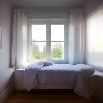 A bedroom with walls painted in soft pastel shades of lavender and light blue