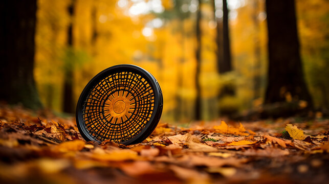disc golf frolf basket on a forest course in autumn with a shallow depth of field