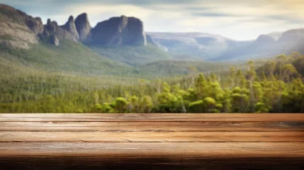 Crédence de cuisine en verre imprimé Mont Cradle The empty wooden brown table top with blur background of Cradle mountain in Tasmania. Exuberant image. generative AI