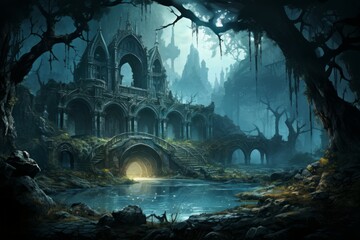 Enigmatic misty ruins, holding ancient secrets and forgotten knowledge - Generative AI