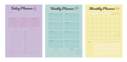 daily Weekly Monthly Planner. Minimalist planner template set. Vector illustration.	