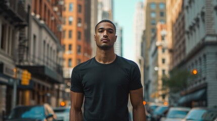 Man model shirt mockup. Boy wearing black t-shirt on street in daylight. T-shirt mockup template on hipster adult for design print. Male guy wearing casual t-shirt mockup placement.
