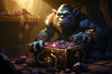 A troll guarding a treasure chest in a cave, surrounded by glistening gemstones