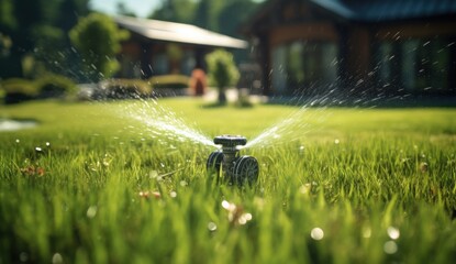 Enjoy the sight of a water sprinkler dancing through vibrant green grass, water conservation picture - obrazy, fototapety, plakaty