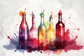A colorful depiction of wine bottles with splashes of red, white, and rose wine. Generative AI