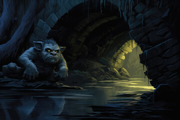 A troll lurking under an old stone bridge, moonlight casting eerie shadows - obrazy, fototapety, plakaty