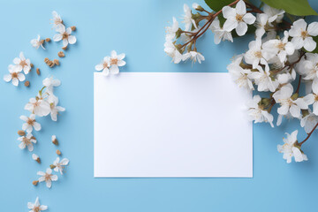 Blank minimal white horizontal postcard mockup with flowers. Paper card mockup with copy space. Generative AI