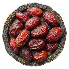 Ramadan dates in a plate isolated on white transparent background, top view. PNG