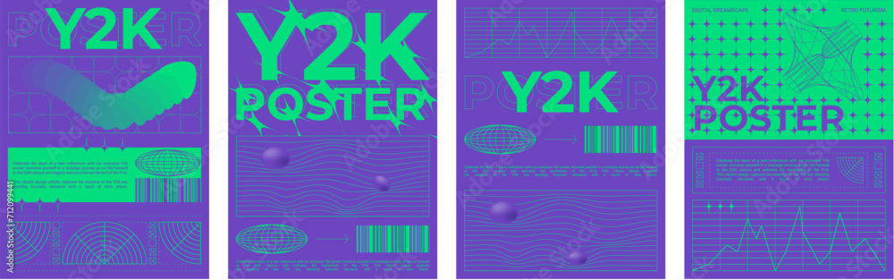 Poster poster template in y2k style with distort grid pattern and shapes on bright neon background. vector 