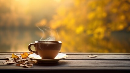 A close-up of a teacup on a wooden surface, with a softly blurred background - obrazy, fototapety, plakaty