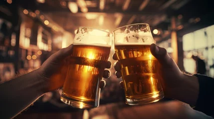 Foto op Canvas Close-up of two glasses of beer in men's hands. Clinking of beer glasses in a bar, pub. © liliyabatyrova