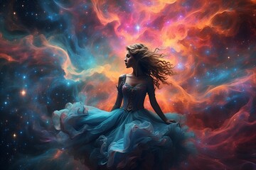 A kaleidoscopic cosmic wanderer, the psychedelic arcane nebula drifter, floats amidst a vast expanse of astral swirls and celestial colors.
