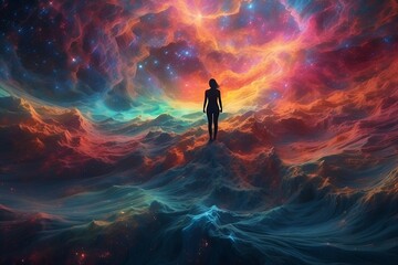 A kaleidoscopic cosmic wanderer, the psychedelic arcane nebula drifter, floats amidst a vast expanse of astral swirls and celestial colors.