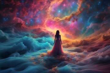 A kaleidoscopic cosmic wanderer, the psychedelic arcane nebula drifter, floats amidst a vast expanse of astral swirls and celestial colors. - obrazy, fototapety, plakaty