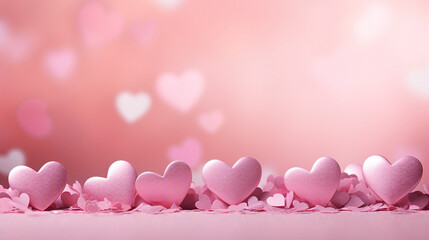Intimate Valentine's Day Celebration with Pink Hearts on a Blurred Background - Romantic Greeting Card Design with Copy Space for Love and Happiness