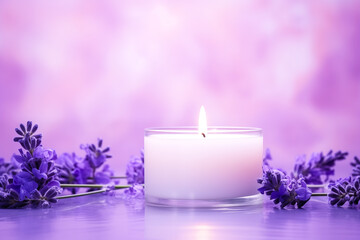 Obraz na płótnie Canvas Burning aromatic candle and lavender branch on table. Wide banner with copy space for text. Graphic resource by Vita