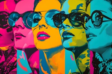 A vibrant pop art collage of iconic female portraits, celebrating diversity and femininity for International Women's Day