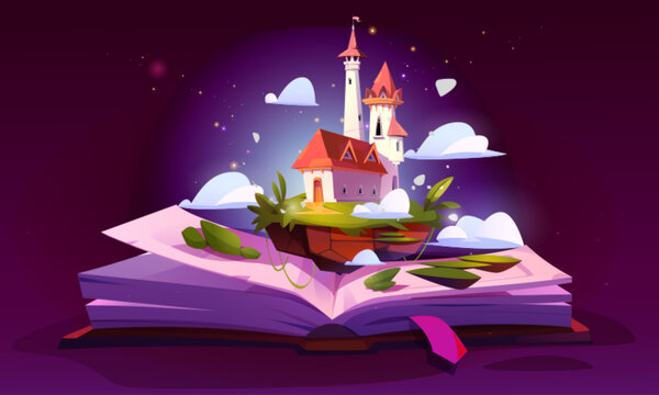 Fairytale Castle On Open Book Pages. Vector Cartoon Illustration Of Fantasy Royal Palace With Towers On Green Floating Island With Sparkling Clouds, Story About Magic Kingdom, Reading Fun Concept