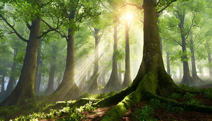 Piękny wiosenny bukowy las o poranku z mgłą i słońcem, dekoracja, tło generative ai - obrazy, fototapety, plakaty