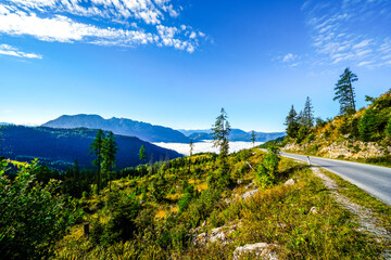 View of the landscape on the Tauplitzalm panoramic road. Nature with mountains in Styria in Austria.
