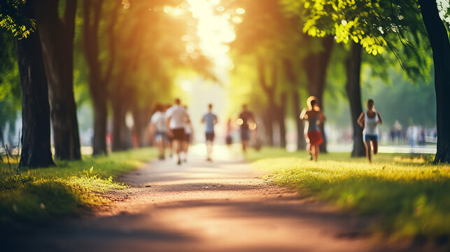 blurred background of people walking and running at park outdoor
