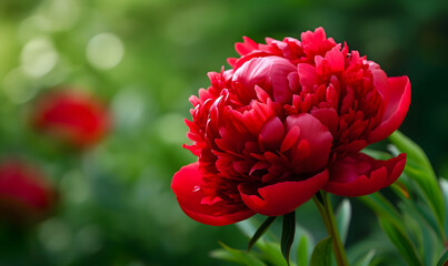 Fototapeta premium Red Peony Flower Head Full Bloom, Generative AI