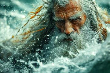An old gray-haired bearded sailor during a storm at sea, the concept of the lord of the seas, a portrait of an elderly sailor looking at the camera, magnificence of the strength and energy of nature