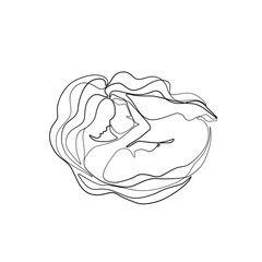 Sleep woman abstract silhouette, continuous line drawing, small tattoo, pose embryo girl, print for clothes, logo spa, tattoo design, isolated vector illustration.