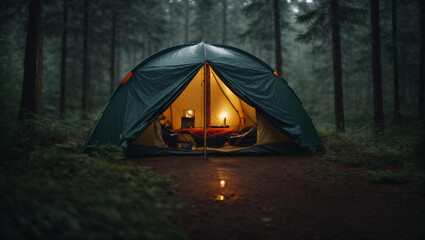 Camping tent in wilderness, rainforest