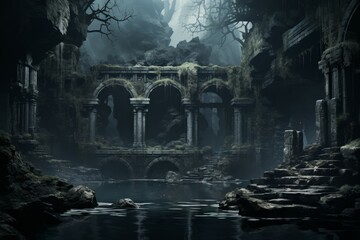 Enigmatic misty ruins, holding ancient secrets and forgotten knowledge - Generative AI