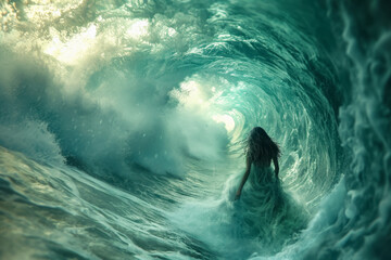 A female image of the raging elements of the ocean, the mistress of the seas, an idea for a background about the beauty of nature and the possibility of storms at sea - obrazy, fototapety, plakaty
