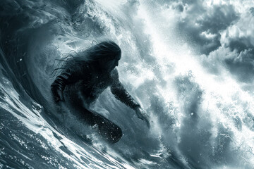Blurred portrait of a surfer sliding on a wave, huge waves during a storm off the coast of...