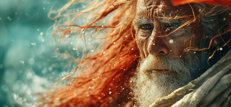 Portrait of an old serious sailor on the pier during a storm, flying red hair, the raging beauty of nature, memories of regattas and adventures