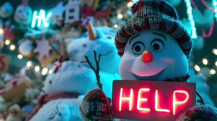 a snowman holding a sign that says HELP - obrazy, fototapety, plakaty