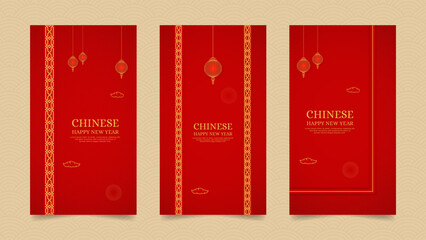 Chinese Happy New Year Social Media Stories Template with Chinese Pattern Brushes Border and Chinese Style Lanterns