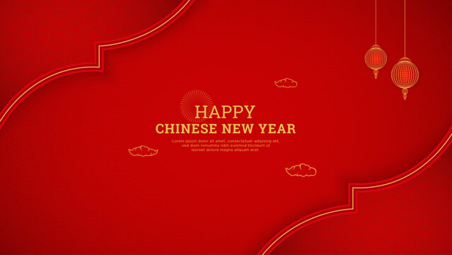 Chinese Happy New Year Red Background Design With Chinese Lanterns and Chinese Pattern