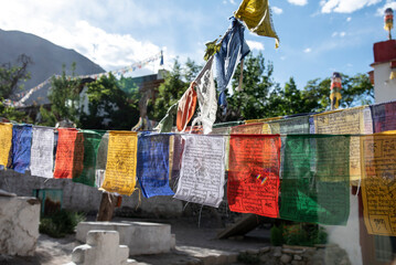 The beautiful views of Colorful tibetan prayer flags at Alchi Monastery in Leh, Ladakh, India